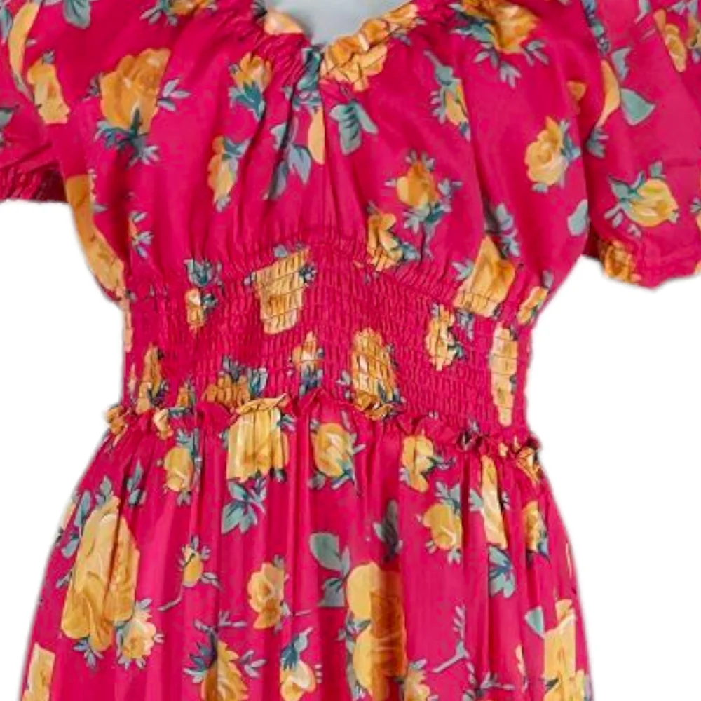 NEW Betsey Johnson Reddish Pink Color with Yellow Rose Print Maxi Dress size L - Picture 6 of 14